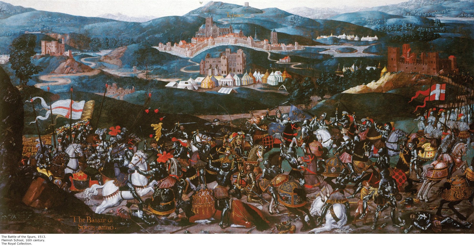 Battlefield with cavalry and flags in the foreground, castles and tents in the background