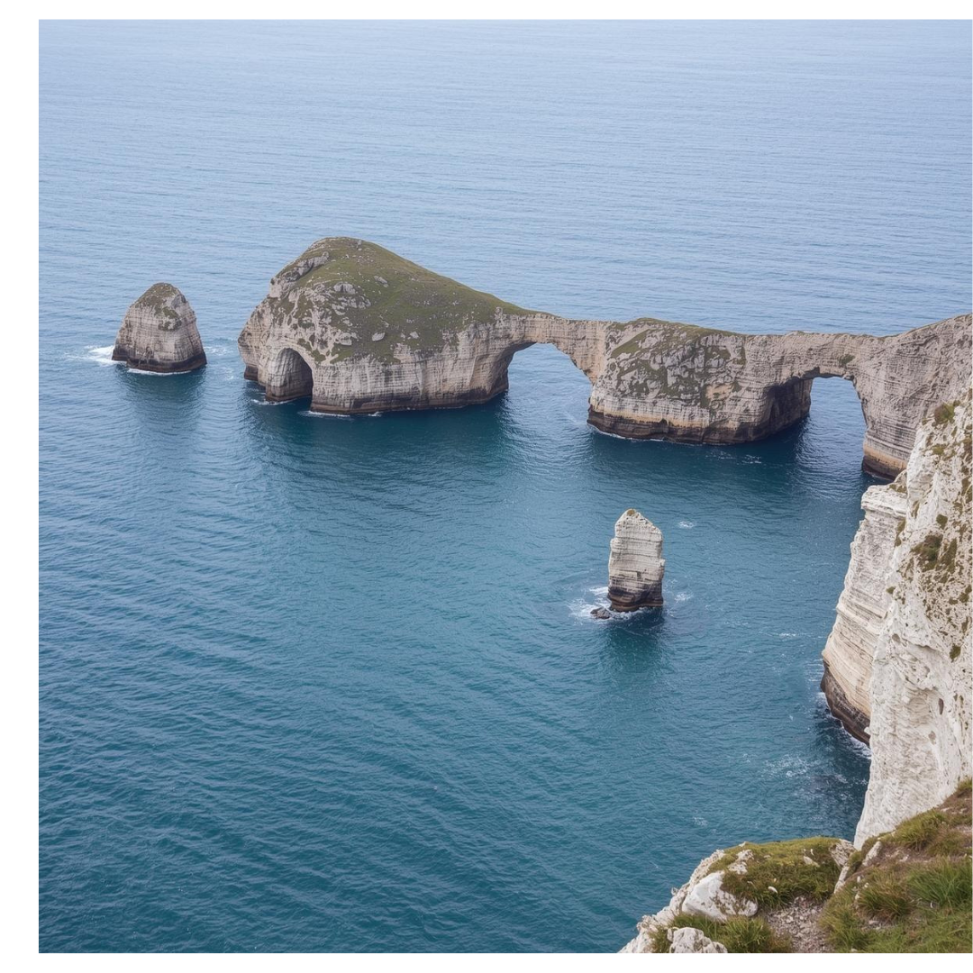 Cliffs with natural arches and rock formations rise from the sea against a backdrop of clear blue ocean and sky.