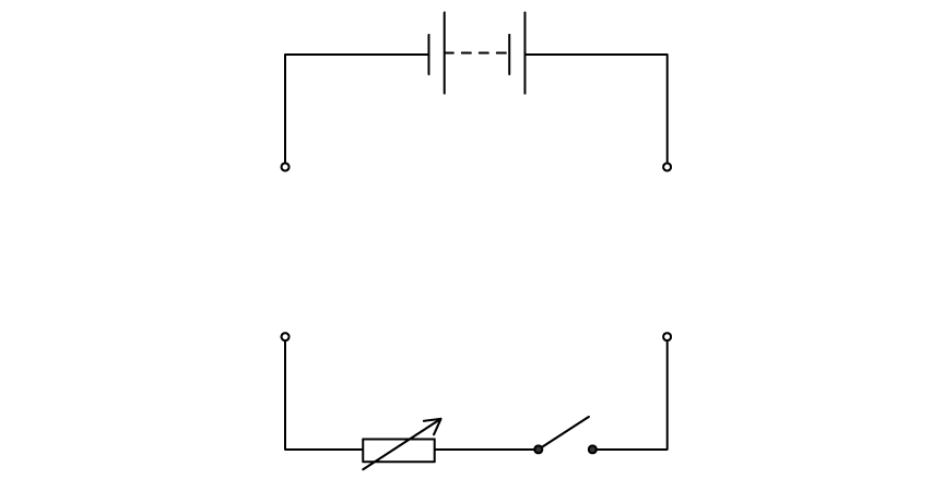Partially completed circuit diagram showing a battery, switch and variable resistor connected in series with gaps for adding a voltmeter and ammeter.