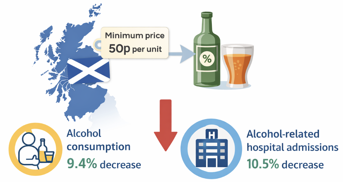 Map of Scotland with minimum alcohol price of 50p. Alcohol consumption fell by 9.4%, alcohol-related hospital admissions fell by 10.5%.