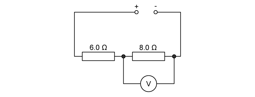 A circuit diagram showing a power supply connected to two resistors in series. The first resistor is labelled 6.0 Ω and the second is labelled 8.0 Ω. A voltmeter is connected across the 8.0 Ω resistor.