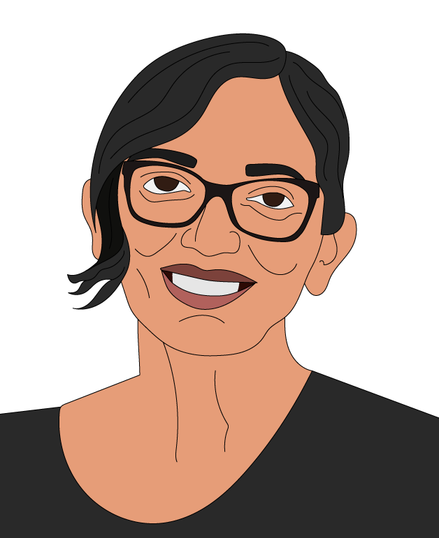 Woman with black hair and glasses smiling, wearing circular earrings and a black top with a necklace, on a plain white background.
