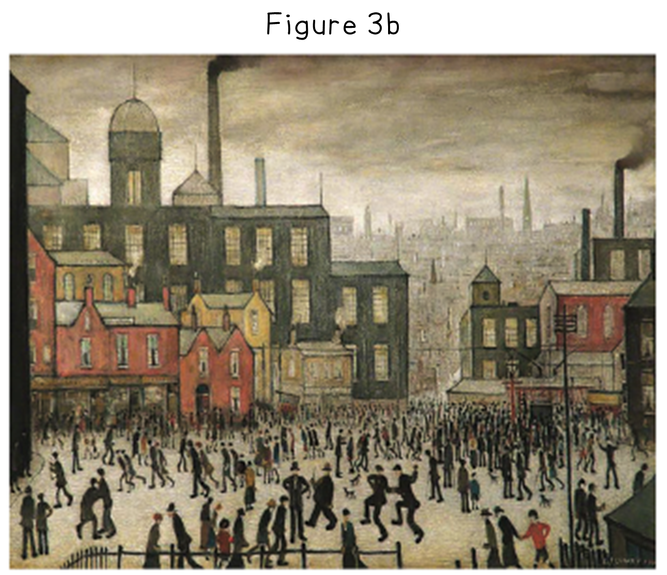 Urban scene with numerous people walking in front of industrial buildings. Smoky chimneys enhance the gloomy atmosphere. Painted in muted tones.