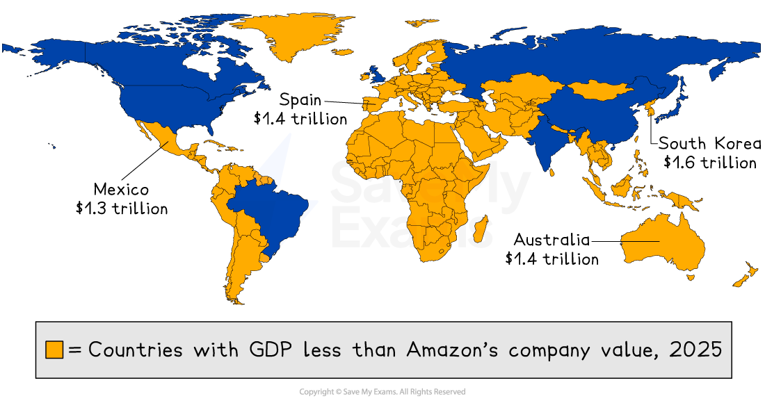World map highlighting countries with GDPs less than Amazon's value in 2025; notable countries include Spain, Mexico, South Korea, and Australia.