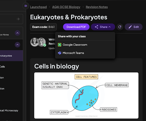 UI screen showing biology revision notes on eukaryotes and prokaryotes with options to download as PDF or share via Google Classroom and Microsoft Teams.