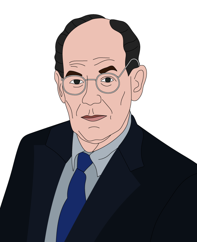 Elderly man with glasses, wearing a grey suit, white shirt, and blue tie, looking directly at the camera with a neutral expression, against a white background.