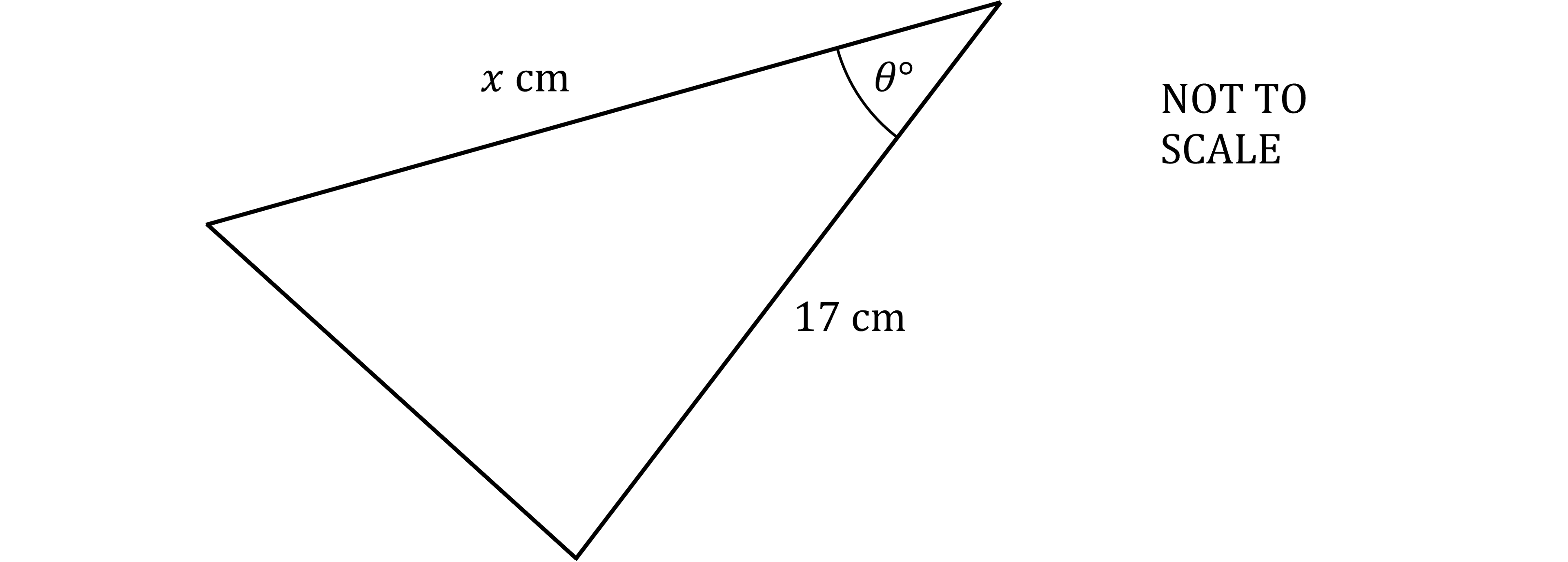 Isosceles triangle with one angle labelled theta, and sides adjacent to that angle labelled 17 cm and x cm, marked "NOT TO SCALE".