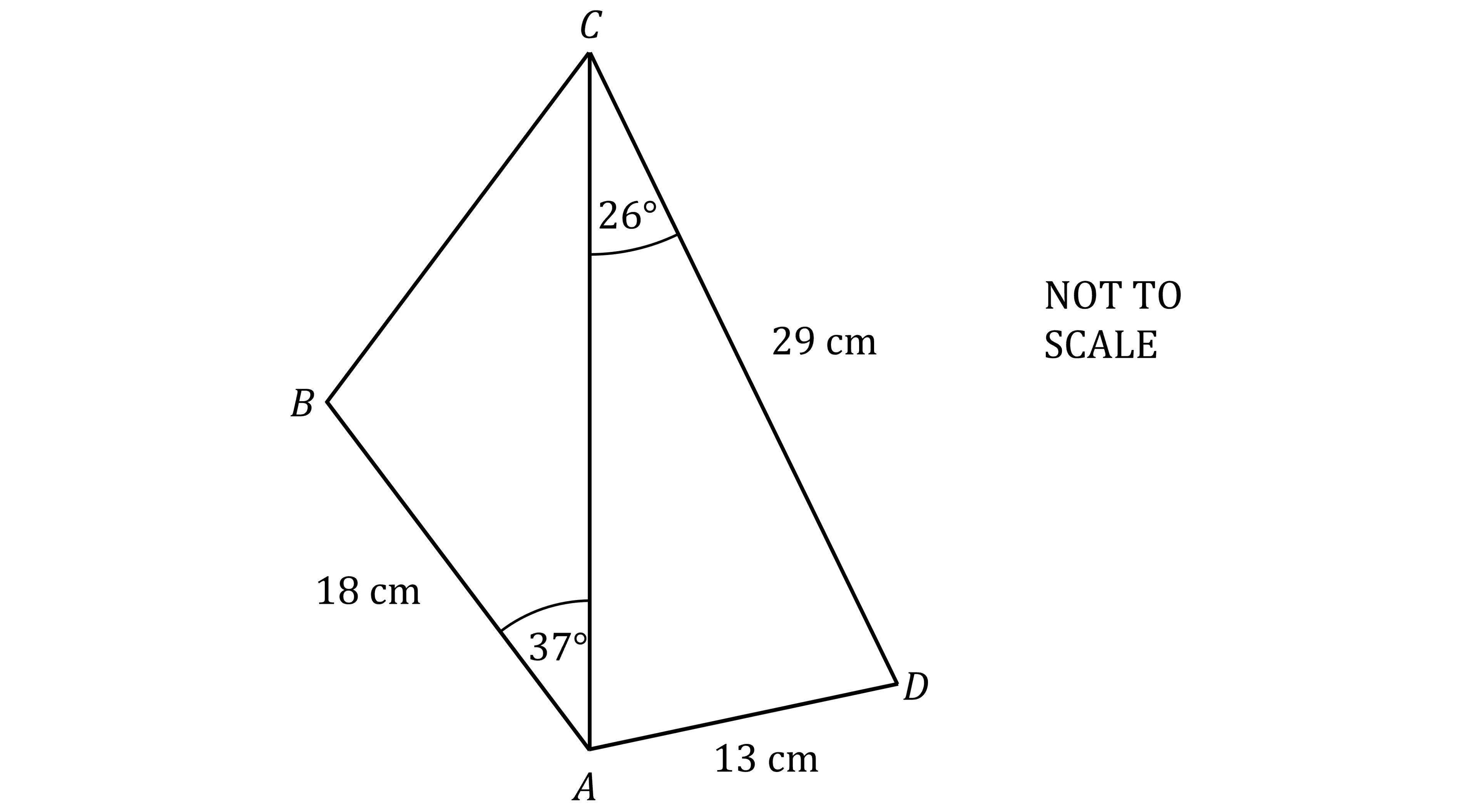 Quadrilateral ABCD with diagonal AC also drawn. Angle ACD is 26° and angle BAC is 37°. AB=18 cm, AD=13 cm, and CD=29 cm. Labelled 'Not to scale'.