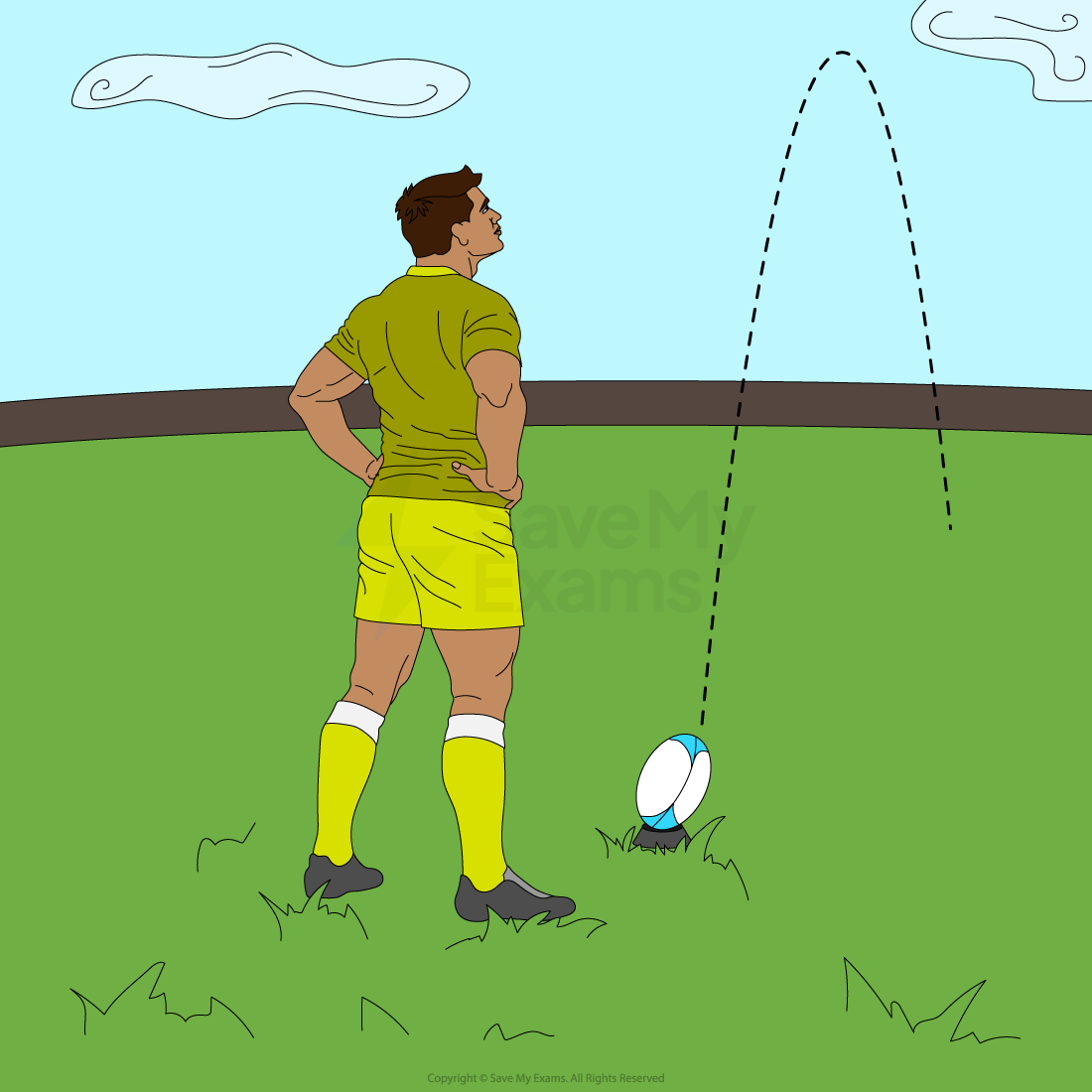 Rugby player in England kit stands on the field, focused, with a ball on a tee in the foreground. Blurred players and crowd are in the background.