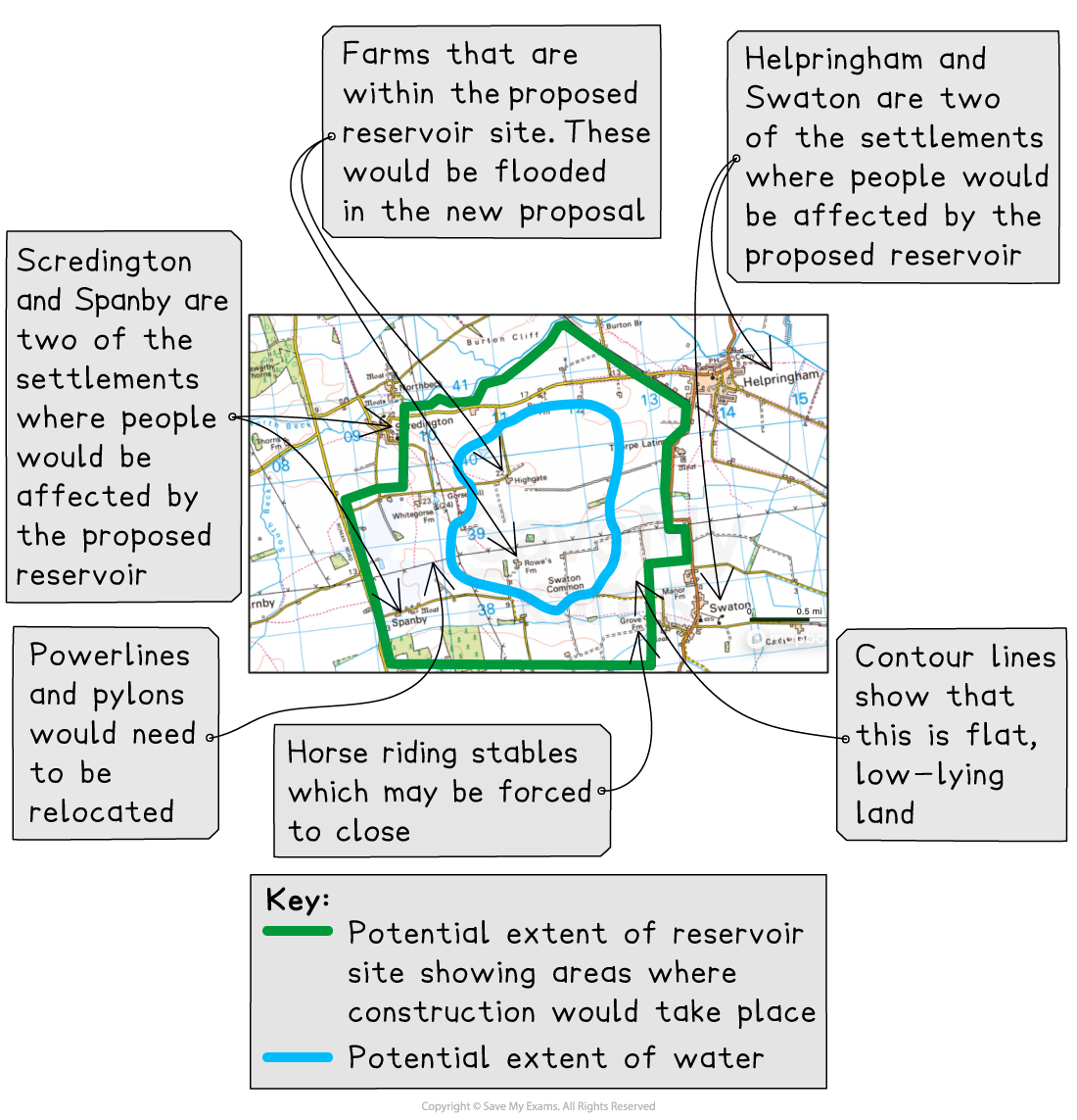 Ordnance Survey map showing location of the proposed reservoir site, highlighting some of the impacts