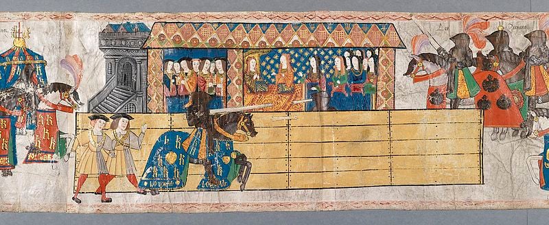 Medieval jousting scene with Henry VIII on horseback in armour, an audience in a decorated stand, and heralds in colourful attire holding flags.