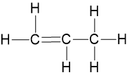 Structural formula of propene molecule, showing three carbon atoms, with a double bond between the first and second, and hydrogen atoms attached.