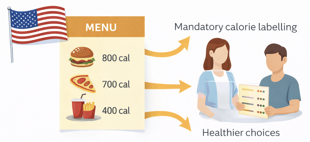 US flag beside menu with calorie counts: burger 800, pizza 700, drink and fries 400. Arrows lead to a couple discussing healthier choices.