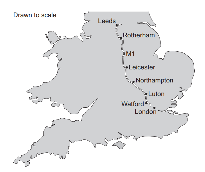 Map of England with the M1 motorway route, showing cities including Leeds, Rotherham, Leicester, Northampton, Luton, Watford, and London.