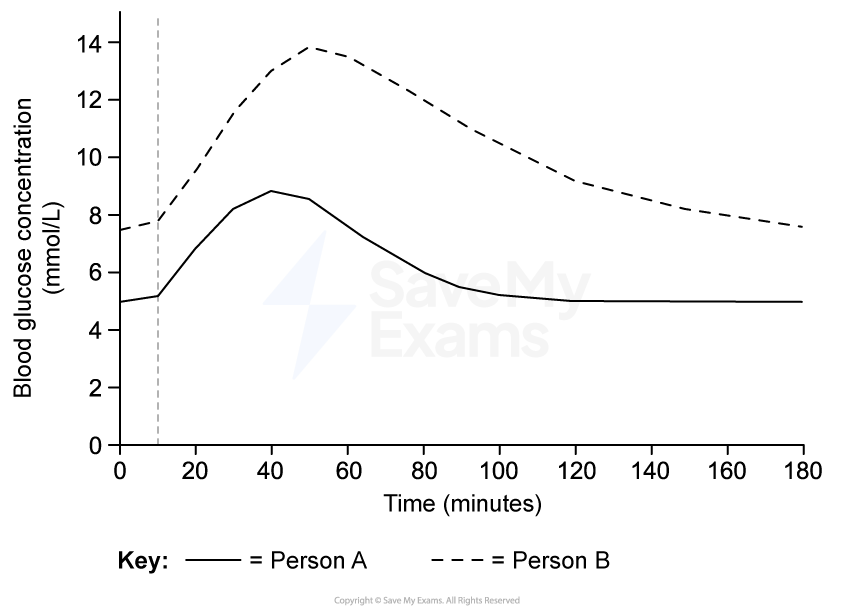 Graph showing blood glucose levels over 180 minutes after a meal. Person A's levels rise to 8 mmol/L, while Person B's peak at 14 mmol/L, then decline.