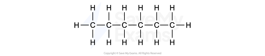 Structural formula of hexane, a hydrocarbon with six carbon atoms connected linearly, each bonded to hydrogen atoms, depicting single bonds.