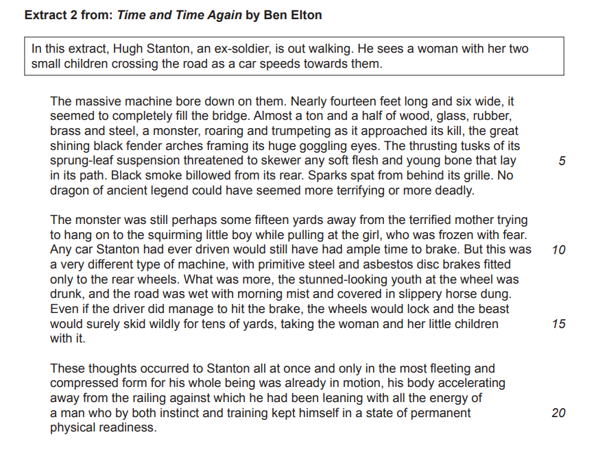 Passage from "Time and Time Again" by Ben Elton: Hugh Stanton sees a car speeding towards a mother and her children. Tension builds as he reacts.
