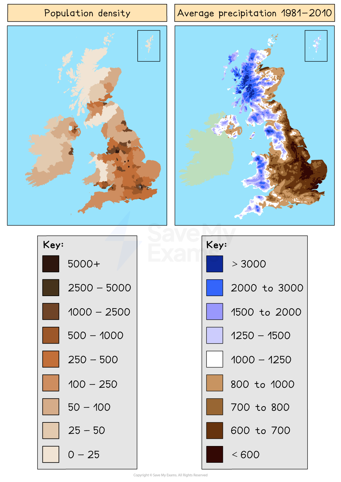 Two maps of the UK showing population density and average precipitation (1981-2010) with separate colour-coded keys for each map.