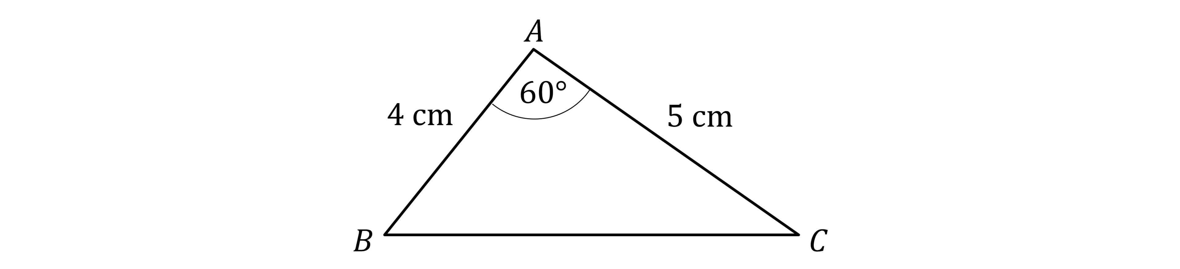 Triangle ABC with sides AB 4 cm, AC 5 cm, and angle BAC 60°. Angle is marked, with vertices labelled A, B, C.