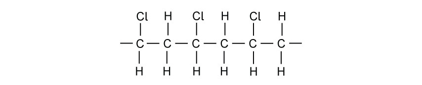 Six-carbon chain. First and last carbon have one straight horizontal line showing the polymer notation. Cl attached to carbon 1, carbon 3, and carbon 5. Remaining bonds are H.