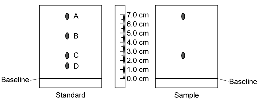 Two chromatograms labelled Standard and Sample, each with a baseline at 0.0 cm. A ruler between them shows 0.0 to 7.0 cm.

Standard: four spots above the baseline — A at about 6.5 cm, B at about 5.0 cm, C at about 2.5 cm, D at about 1.5 cm.

Sample: two spots — one at about 6.5 cm and one at about 2.5 cm.