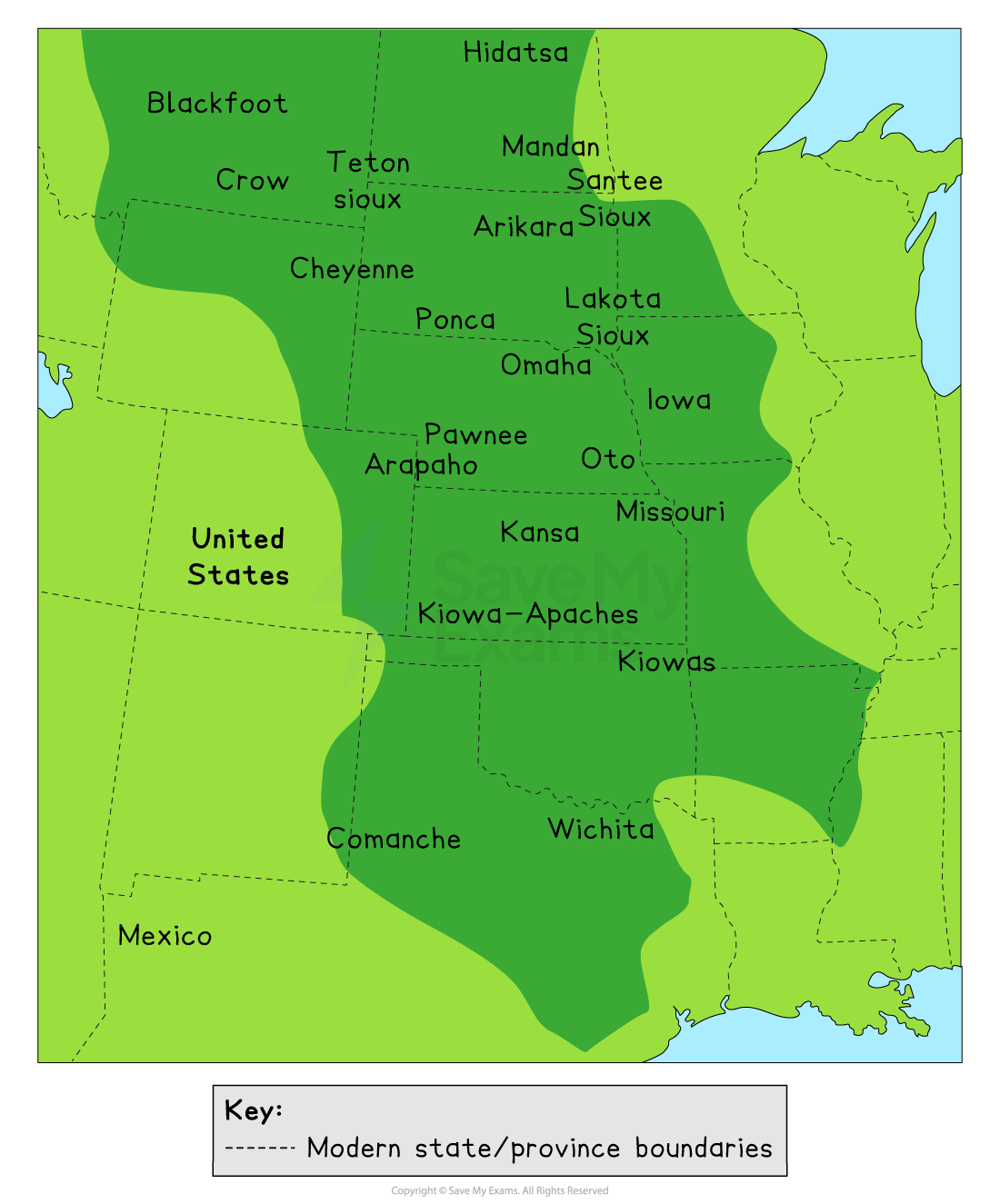 Map depicting Native American tribal regions in the central United States, with state boundaries outlined. Includes tribes like Lakota Sioux and Comanche.