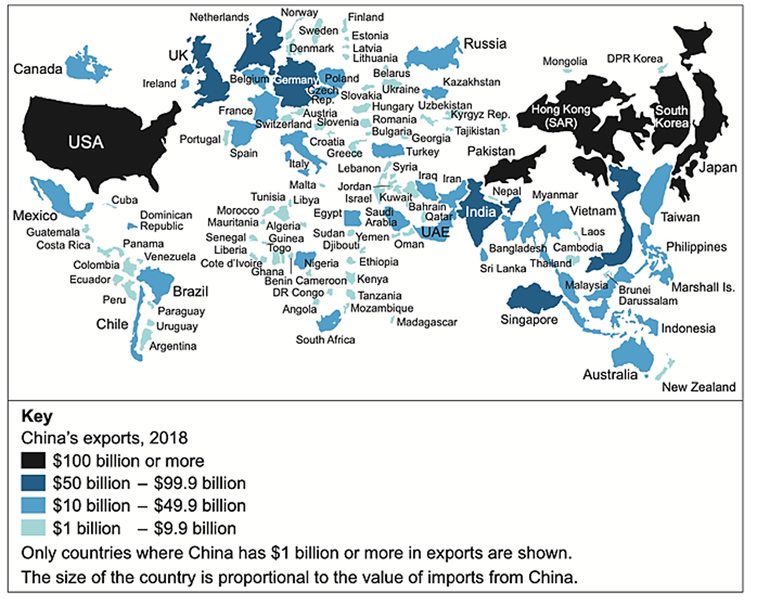 Map depicting China's exports in 2018, showing countries by import value ranges. Largest importers include USA, South Korea, Japan, and Hong Kong.