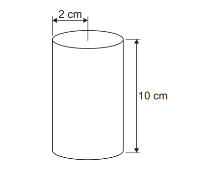 Diagram of a cylinder with a height of 10 cm and a diameter of 2 cm; measurements are marked with arrows.
