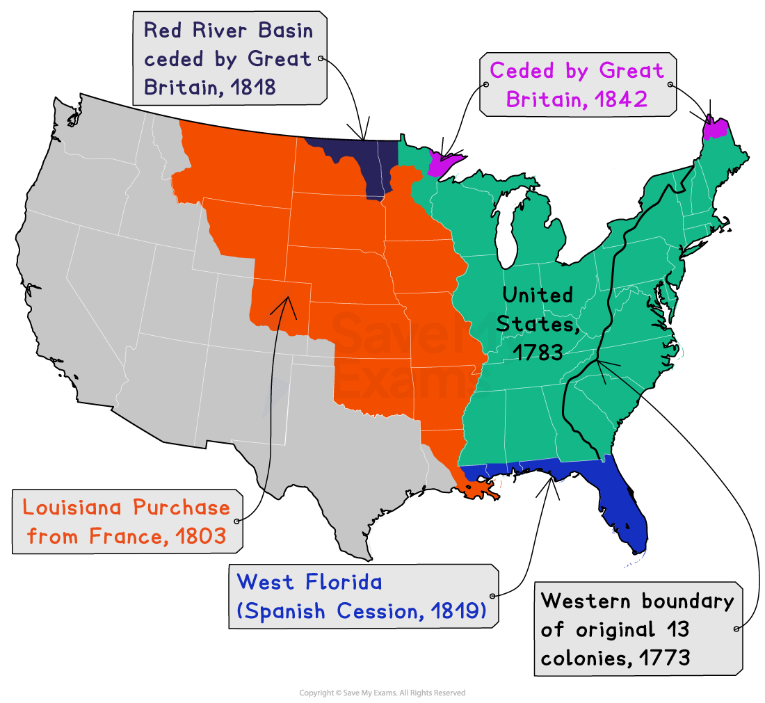 Map showing US territorial acquisitions: Louisiana Purchase 1803, Red River Basin 1818, West Florida 1819, ceded by Great Britain 1818 and 1842.