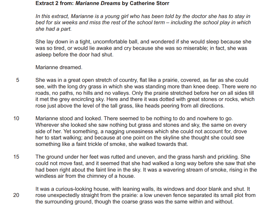 Text extract from "Marianne Dreams" by Catherine Storr, describing Marianne's dream of a vast prairie with tall grass, stones, smoke, and a curious house.