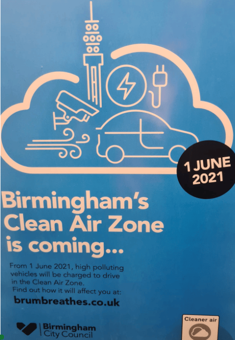Birmingham City Council poster announcing Clean Air Zone starting 1 June 2021, targeting high-pollution vehicles, with website link for details.