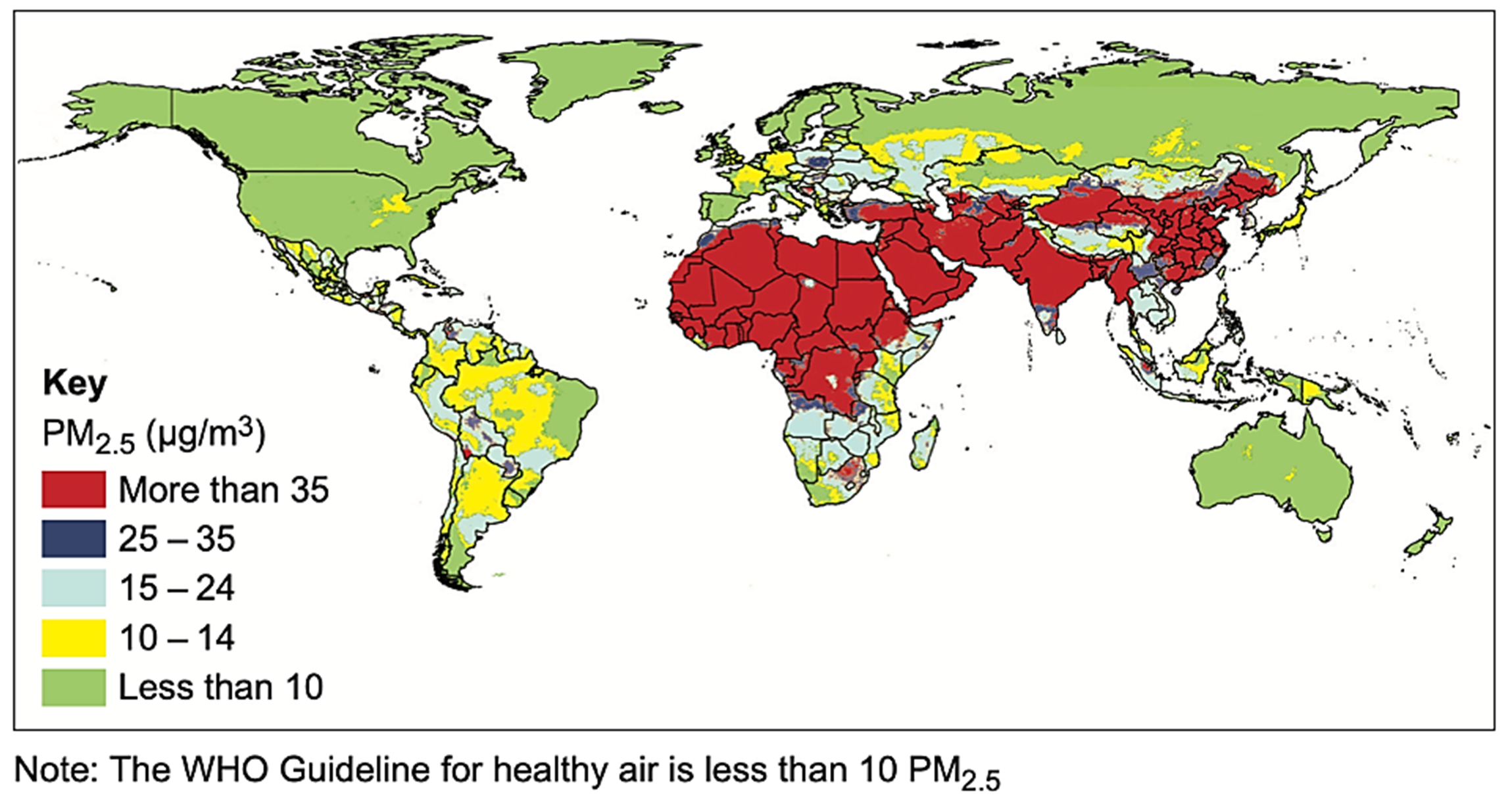 World map showing PM2.5 levels; red indicates over 35 µg/m³, blue 25-35, grey 15-24, yellow 10-14, green less than 10. WHO guide suggests under 10.