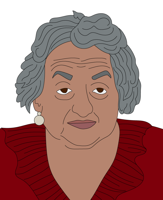 Older woman with short hair and a relaxed expression, wearing a dark collared blouse and a necklace, facing slightly to the side.