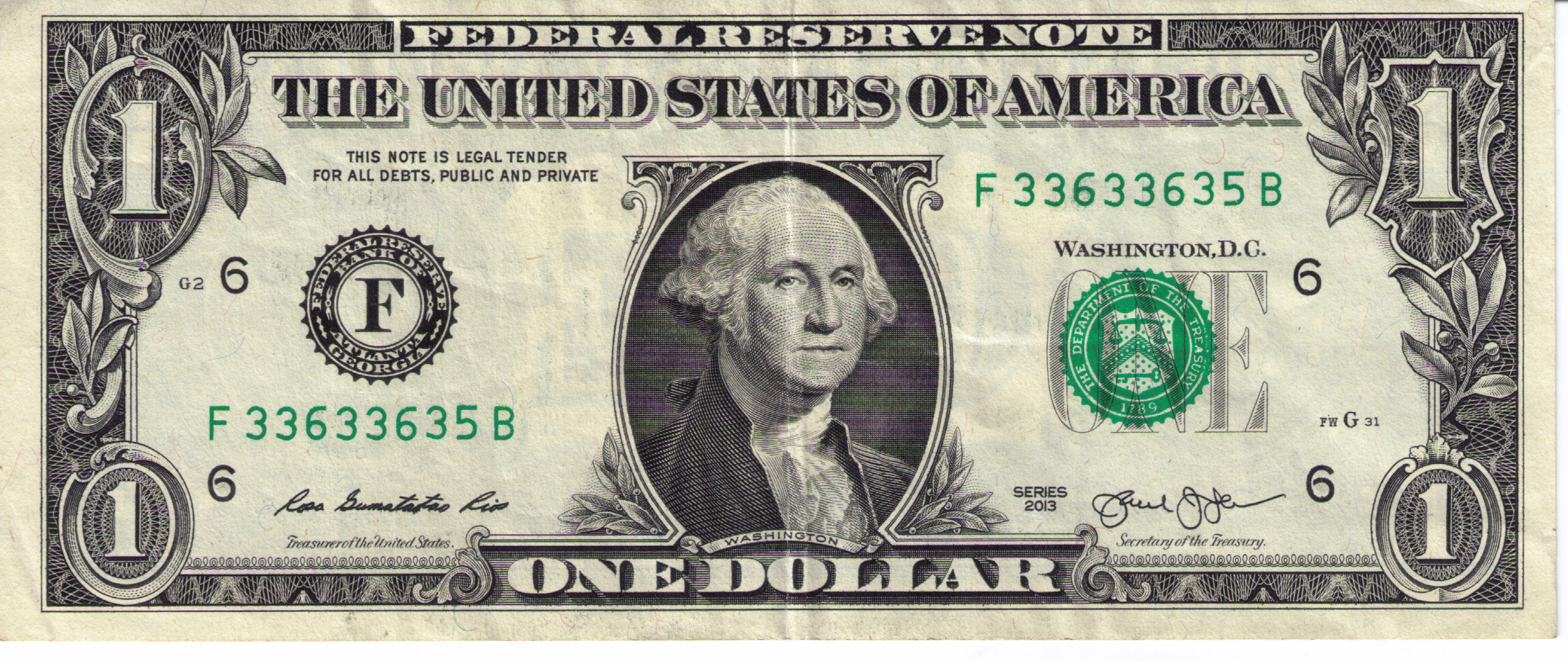 US one-dollar bill showing a portrait of George Washington, series 2013. Features intricate design details and a green Treasury seal.