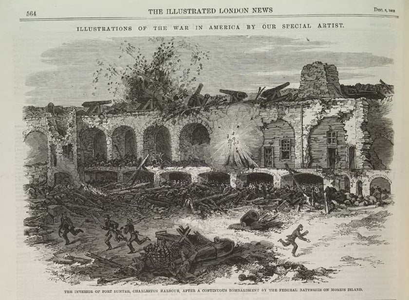 Ruinous fort interior with crumbling walls, scattered debris, and soldiers running amidst cannon fire, illustrating war impact. Sketched in historical context.