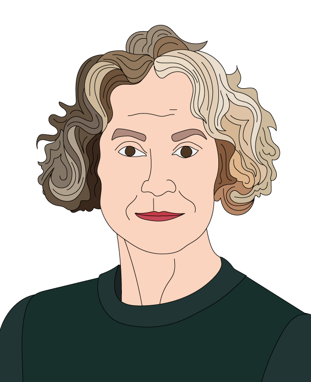 Elderly woman with curly blonde hair and red lipstick, wearing a green top and necklace, looking directly ahead against a plain white background.