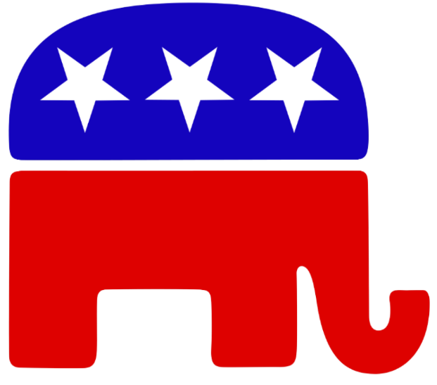 Red and blue stylised elephant with three white stars on its back, symbolising the Republican Party.
