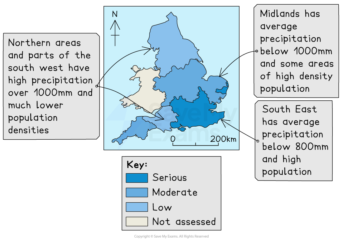 Map of England showing precipitation and population density. Northern and southwest areas have high precipitation, while Midlands and southeast have lower.