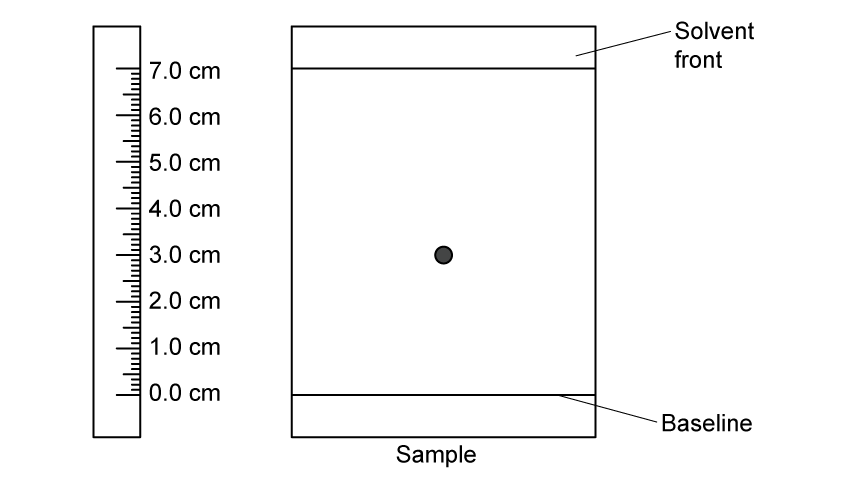 Chromatogram. Baseline at 0.0 cm. Solvent front at 7.0 cm. One sample spot at 3.0 cm above baseline. Ruler shown 0.0–7.0 cm.