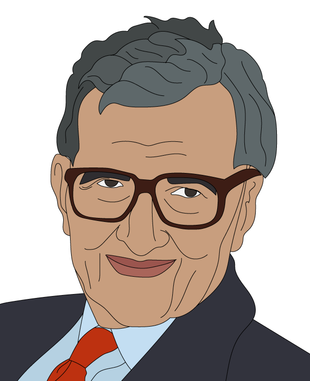 Elderly man with glasses, smiling, wearing a suit and red polka dot tie, against a plain white background.