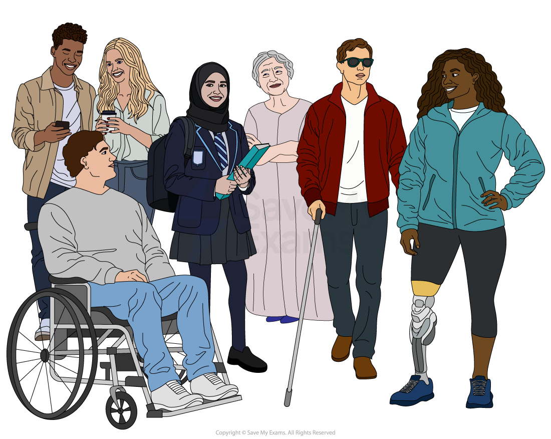 A diverse group of people, including a person in a wheelchair, a child with a guide dog, a senior with a cane, and others standing together.