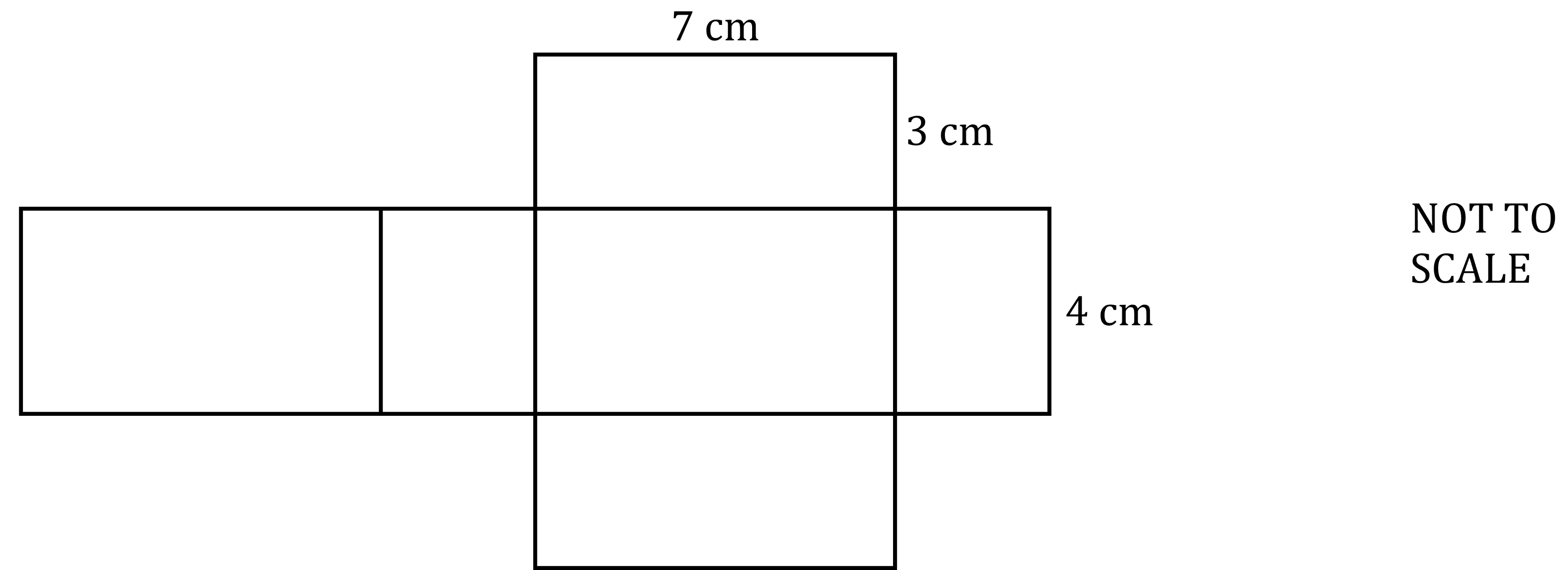 A net diagram of a cuboid with labelled dimensions: 7 cm, 3 cm and 4 cm. Diagram is labelled "Not to scale".