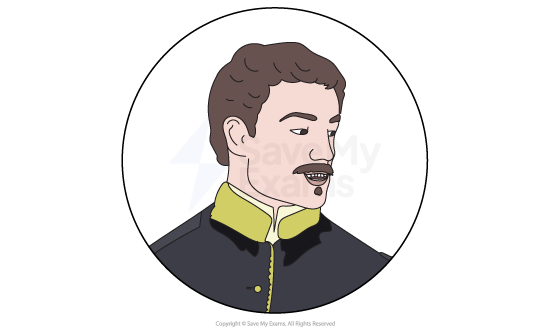 Illustration of a man with a moustache and short brown hair, wearing a black coat with a yellow collar, inside a circular frame, facing right.