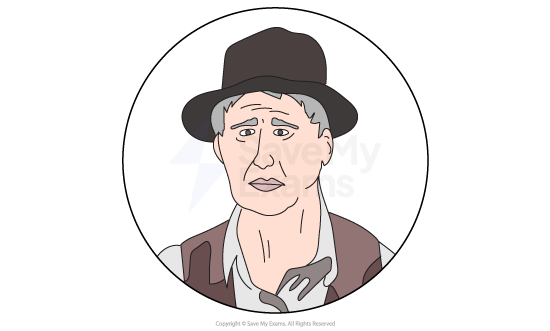 Elderly man with hat, grey hair, wearing a brown waistcoat and white shirt, inside a circle. His expression is serious and thoughtful.