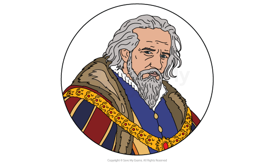 Elderly man with long grey hair and beard, wearing a fur-trimmed royal robe and ornate golden collar, in a circular frame.