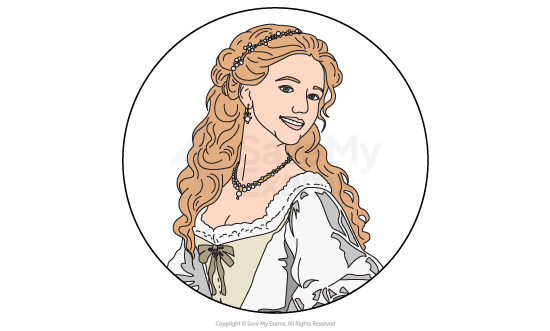 Illustration of a woman in a historical costume with long, curly hair, wearing jewellery and a corseted dress, set against a circular frame.