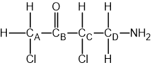 Chemical structure of 4-amino-1,3-dichlorobutan-2-one, with the carbons labelled A, B, C, D.