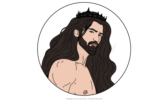 Illustration of a long-haired, bearded man wearing a black crown, looking to the side. He is shirtless, with intricate details and a circular frame.
