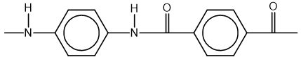 Chemical structure diagram of a polymer showing alternating aromatic rings connected by amide groups, illustrating a polyamide chain.