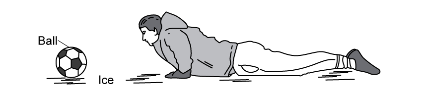 A person lying flat on the ice surface, using their arms to pull themselves towards a ball on the left. The person's body is fully extended and in contact with the ice surface.